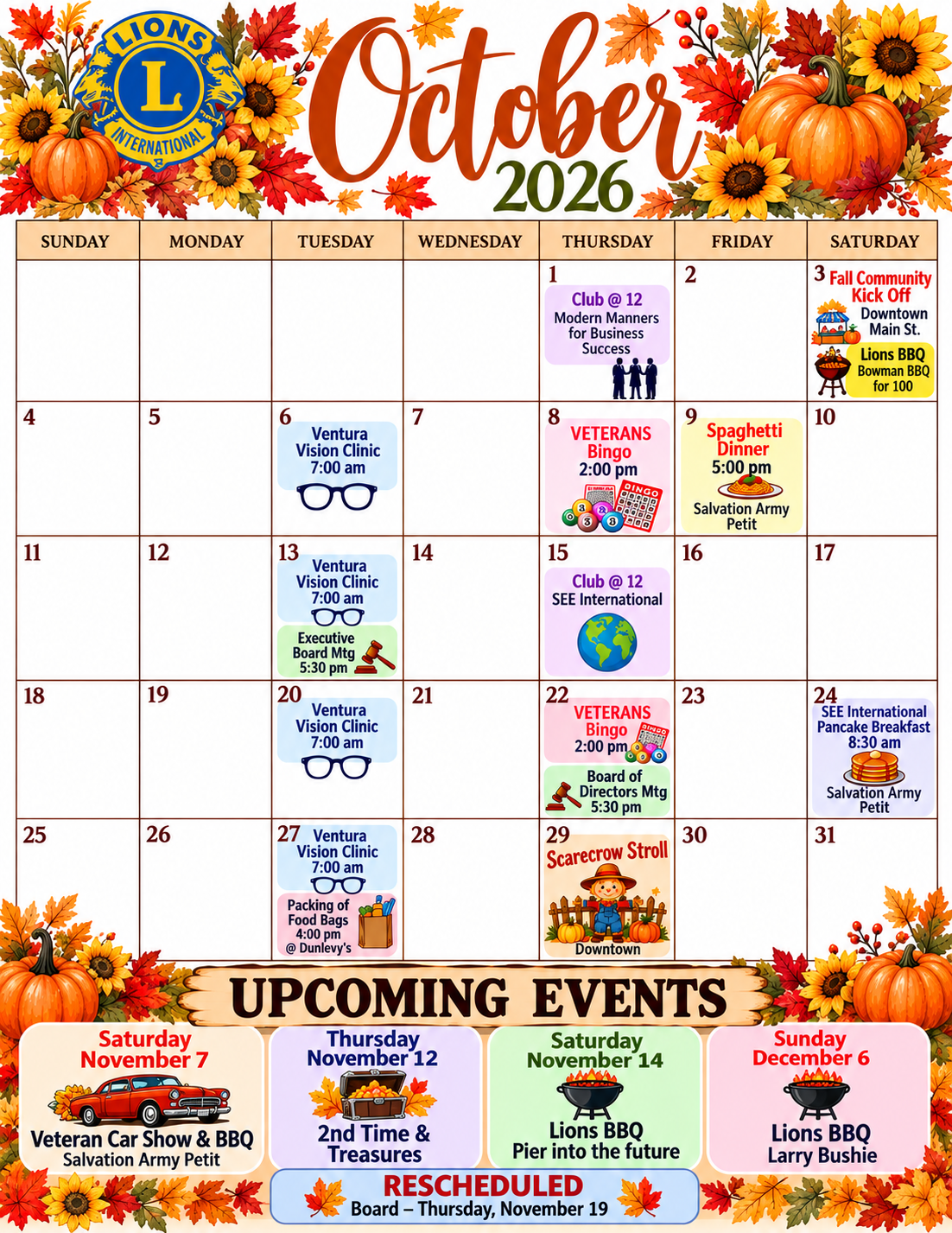 Calendar-Oct26 Ventura Downtown Lions October 2026 Event Calendar